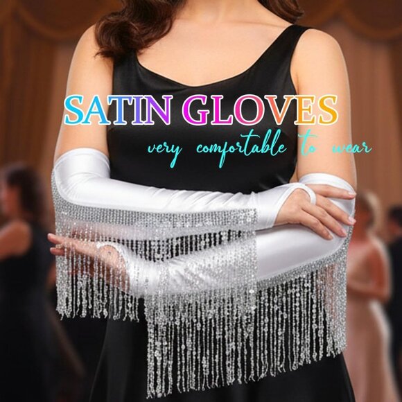 Long Satin Fingerless Gloves Sequin Tassel Elbow Length Wedding Halloween - Picture 4 of 7